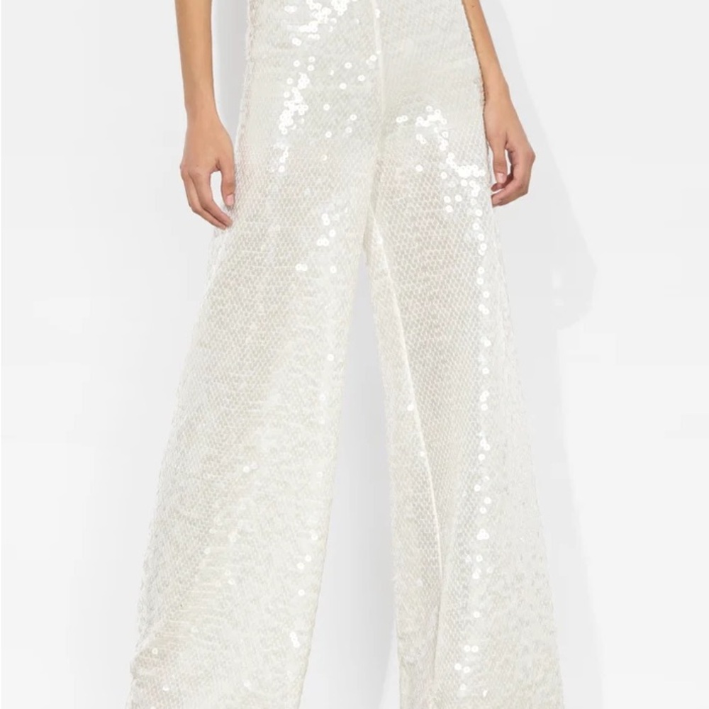 Alice + Olivia Sequin Wide-Leg Sequin Pant in White